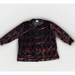 Vintage Fashion‎ Bug Women’s Velvet Plaid Button Down Shirt 1X Brown GrannyCore